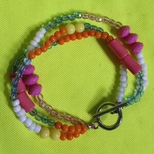 Multicolor colorful silvertone toggle beaded bracelet